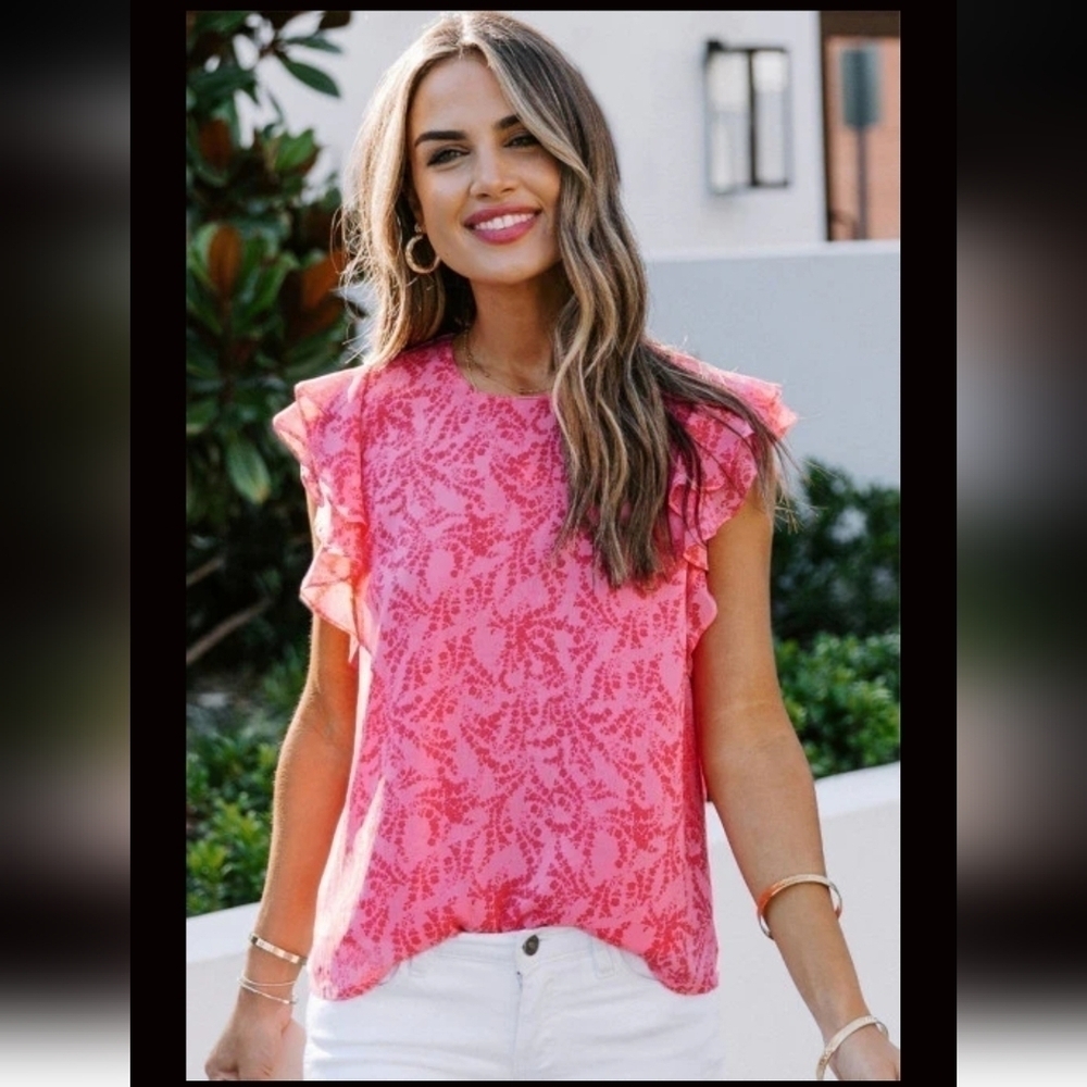NWOT Pink Ruffled Sleeve Top Size  XLARGE - Picture 3 of 11